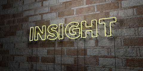 Fototapeta premium INSIGHT - Glowing Neon Sign on stonework wall - 3D rendered royalty free stock illustration. Can be used for online banner ads and direct mailers..