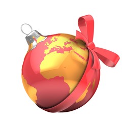 3d illustration of classic Christmas ball over white background with earth map and red bow