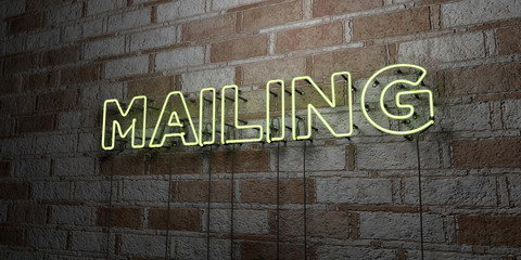 MAILING - Glowing Neon Sign on stonework wall - 3D rendered royalty free stock illustration.  Can be used for online banner ads and direct mailers..