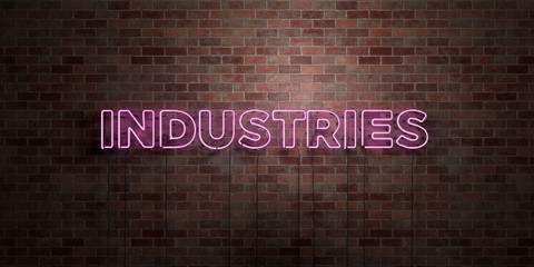 INDUSTRIES - fluorescent Neon tube Sign on brickwork - Front view - 3D rendered royalty free stock picture. Can be used for online banner ads and direct mailers..