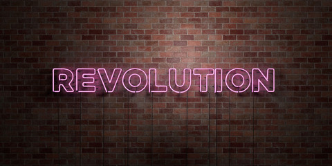 REVOLUTION - fluorescent Neon tube Sign on brickwork - Front view - 3D rendered royalty free stock picture. Can be used for online banner ads and direct mailers..