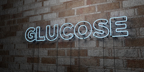 GLUCOSE - Glowing Neon Sign on stonework wall - 3D rendered royalty free stock illustration.  Can be used for online banner ads and direct mailers..