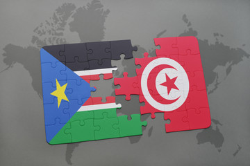 puzzle with the national flag of south sudan and tunisia on a world map
