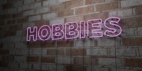 HOBBIES - Glowing Neon Sign on stonework wall - 3D rendered royalty free stock illustration.  Can be used for online banner ads and direct mailers..