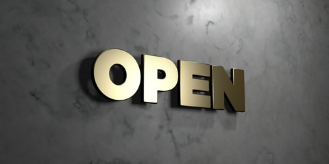 Open - Gold sign mounted on glossy marble wall  - 3D rendered royalty free stock illustration. This image can be used for an online website banner ad or a print postcard.