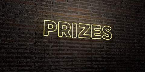 PRIZES -Realistic Neon Sign on Brick Wall background - 3D rendered royalty free stock image. Can be used for online banner ads and direct mailers..