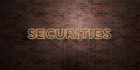 SECURITIES - fluorescent Neon tube Sign on brickwork - Front view - 3D rendered royalty free stock picture. Can be used for online banner ads and direct mailers..