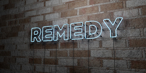 REMEDY - Glowing Neon Sign on stonework wall - 3D rendered royalty free stock illustration.  Can be used for online banner ads and direct mailers..