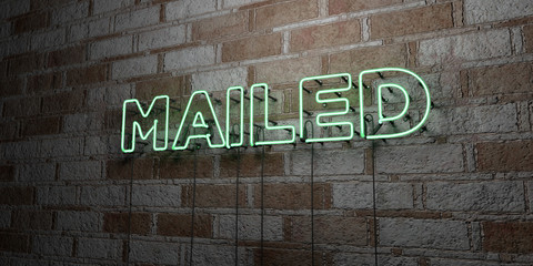 MAILED - Glowing Neon Sign on stonework wall - 3D rendered royalty free stock illustration.  Can be used for online banner ads and direct mailers..