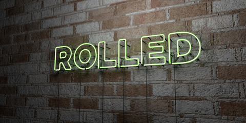 ROLLED - Glowing Neon Sign on stonework wall - 3D rendered royalty free stock illustration.  Can be used for online banner ads and direct mailers..