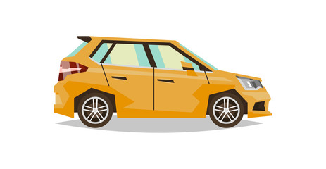 Orange car hatchback. Side view. Transport for travel. Gas engine. Alloy wheels. Vector illustration. Flat style