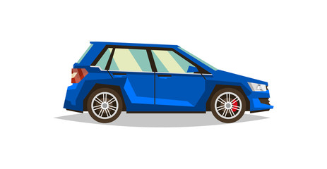 Fototapeta na wymiar Blue car hatchback. Side view. Transport for travel. Gas engine. Alloy wheels. Vector illustration. Flat style