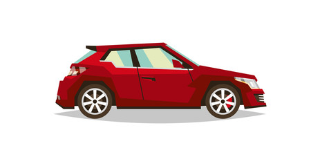 Red car roadster. Side view. Transport for travel. Gas engine. Alloy wheels. Vector illustration. Flat style