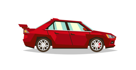Red car sedan. Side view. Transport for travel. Gas engine. Alloy wheels. Vector illustration. Flat style