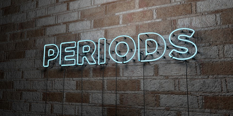 PERIODS - Glowing Neon Sign on stonework wall - 3D rendered royalty free stock illustration.  Can be used for online banner ads and direct mailers..