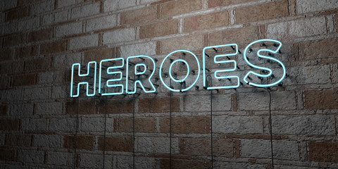 HEROES - Glowing Neon Sign on stonework wall - 3D rendered royalty free stock illustration.  Can be used for online banner ads and direct mailers..