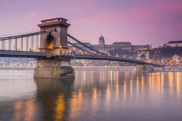 Plexiglas foto achterwand zonsopgang bij de kettingbrug van boedapest, hongarije © jon_chica
