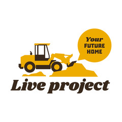Logo front loader. Construction equipment at work. The excavation of the earth. Vector illustration. Flat style