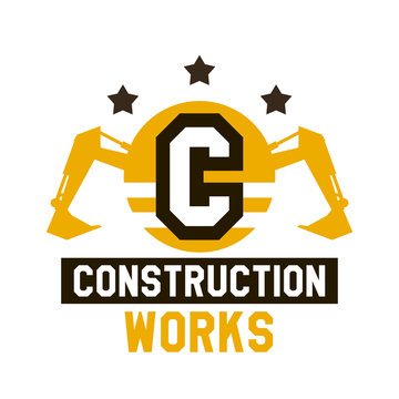 Logo of construction work. The letter in the middle of the circle. Excavator, hydraulic equipment. Vector illustration. Flat style