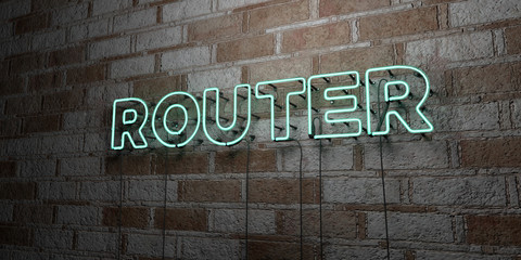 ROUTER - Glowing Neon Sign on stonework wall - 3D rendered royalty free stock illustration.  Can be used for online banner ads and direct mailers..