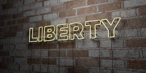 LIBERTY - Glowing Neon Sign on stonework wall - 3D rendered royalty free stock illustration.  Can be used for online banner ads and direct mailers..