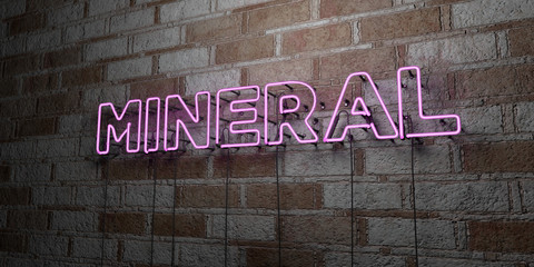 MINERAL - Glowing Neon Sign on stonework wall - 3D rendered royalty free stock illustration.  Can be used for online banner ads and direct mailers..
