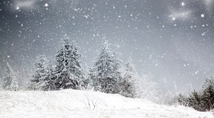 amazing winter sunrise through fog in the mountains