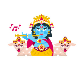 Obraz na płótnie Canvas Lord Krishna sitting in the lotus position, in jewelry, plays the flute in goats environment. Music, deity, animals. Vector illustration. Flat style