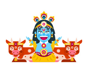 Lord Krishna sitting in cows environment. Decorations, holiday, lotus posture, meditation, animal, peacock tail. Vector illustration. Flat style