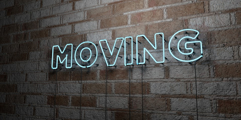 MOVING - Glowing Neon Sign on stonework wall - 3D rendered royalty free stock illustration.  Can be used for online banner ads and direct mailers..