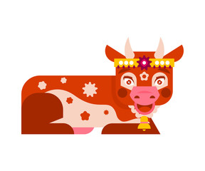 The image of the holy animal. Seated cow in jewelry. Vector illustration. Flat style