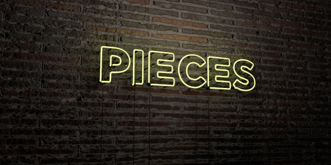 PIECES -Realistic Neon Sign on Brick Wall background - 3D rendered royalty free stock image. Can be used for online banner ads and direct mailers..