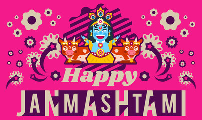Creative illustration of an invitation to the celebration, banner, poster for the Indian festival of Janmashtami. Lord Krishna sitting in the lotus position in jewelry. Cows animals. Flat style