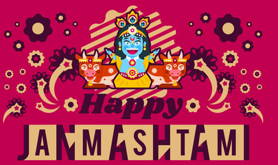 Fototapeta na wymiar Creative illustration of an invitation to the celebration, banner, poster for the Indian festival of Janmashtami. Lord Krishna sitting in the lotus position in jewelry. Cows animals. Flat style