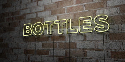 BOTTLES - Glowing Neon Sign on stonework wall - 3D rendered royalty free stock illustration.  Can be used for online banner ads and direct mailers..