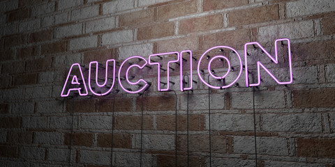 AUCTION - Glowing Neon Sign on stonework wall - 3D rendered royalty free stock illustration.  Can be used for online banner ads and direct mailers..