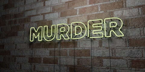 MURDER - Glowing Neon Sign on stonework wall - 3D rendered royalty free stock illustration.  Can be used for online banner ads and direct mailers..