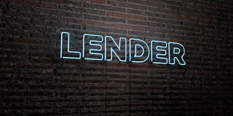 LENDER -Realistic Neon Sign on Brick Wall background - 3D rendered royalty free stock image. Can be used for online banner ads and direct mailers..