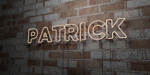 PATRICK - Glowing Neon Sign on stonework wall - 3D rendered royalty free stock illustration.  Can be used for online banner ads and direct mailers..