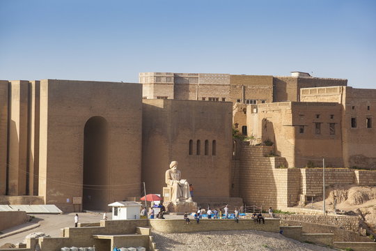 Statue of Mubarak Ben Ahmed Sharaf-Aldin at the main entrance to The Citadel, Erbil, Kurdistan, Iraq