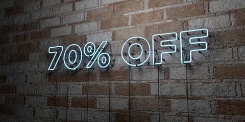 Fototapeta premium 70% OFF - Glowing Neon Sign on stonework wall - 3D rendered royalty free stock illustration. Can be used for online banner ads and direct mailers..