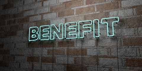 BENEFIT - Glowing Neon Sign on stonework wall - 3D rendered royalty free stock illustration.  Can be used for online banner ads and direct mailers..