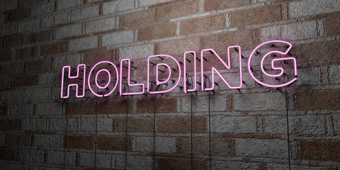 HOLDING - Glowing Neon Sign on stonework wall - 3D rendered royalty free stock illustration.  Can be used for online banner ads and direct mailers..