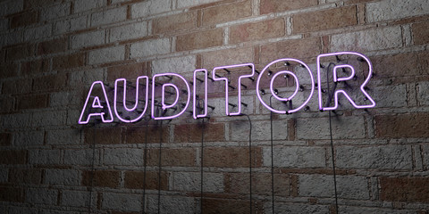 AUDITOR - Glowing Neon Sign on stonework wall - 3D rendered royalty free stock illustration.  Can be used for online banner ads and direct mailers..