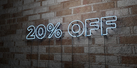 20% OFF - Glowing Neon Sign on stonework wall - 3D rendered royalty free stock illustration.  Can be used for online banner ads and direct mailers..