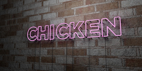 CHICKEN - Glowing Neon Sign on stonework wall - 3D rendered royalty free stock illustration.  Can be used for online banner ads and direct mailers..