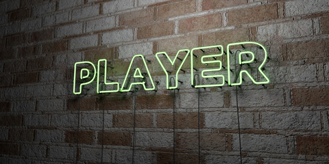 PLAYER - Glowing Neon Sign on stonework wall - 3D rendered royalty free stock illustration.  Can be used for online banner ads and direct mailers..