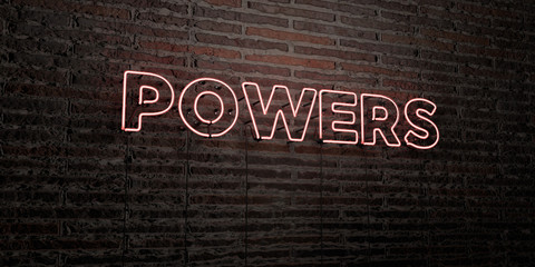 POWERS -Realistic Neon Sign on Brick Wall background - 3D rendered royalty free stock image. Can be used for online banner ads and direct mailers..