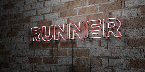 RUNNER - Glowing Neon Sign on stonework wall - 3D rendered royalty free stock illustration.  Can be used for online banner ads and direct mailers..