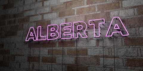 ALBERTA - Glowing Neon Sign on stonework wall - 3D rendered royalty free stock illustration.  Can be used for online banner ads and direct mailers..